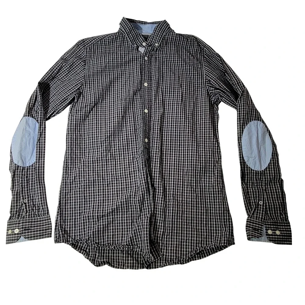Banana Republic Mens Black Gingham Check Elbow Patch Slim Fit Shirt Large Tall